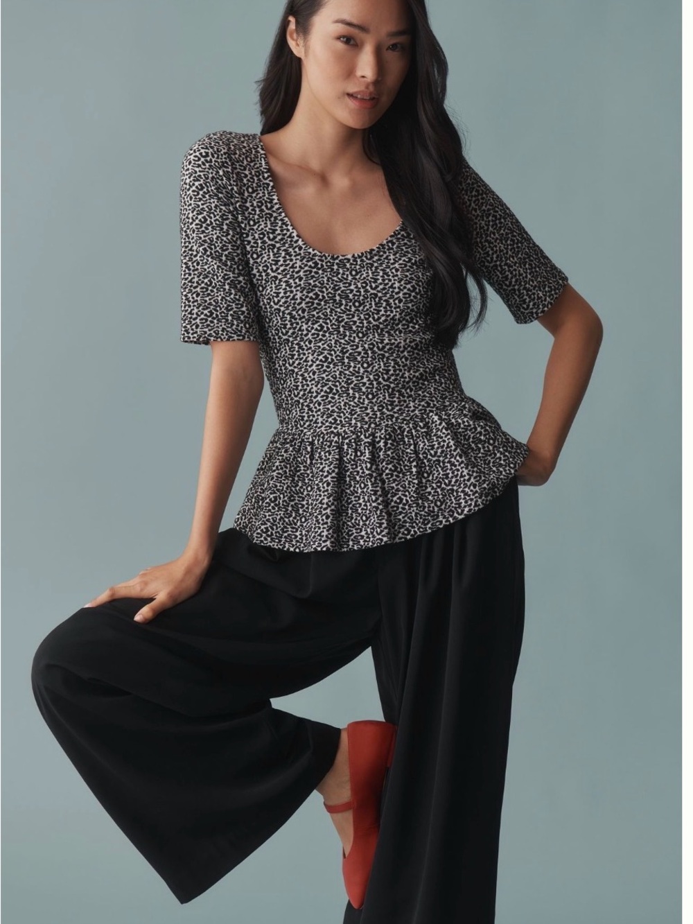 MAEVE ANTHROPOLOGIE Peplum Scoop-Neck Top Leopard Size Small